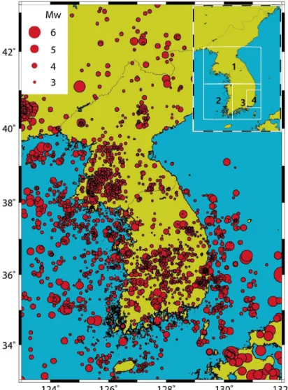 Fig. 1. Instrumental seismicity from 1906 to 2017 by the earthquake catalog compiled in this study and the index  map (upper right) for the seismicity analysis.