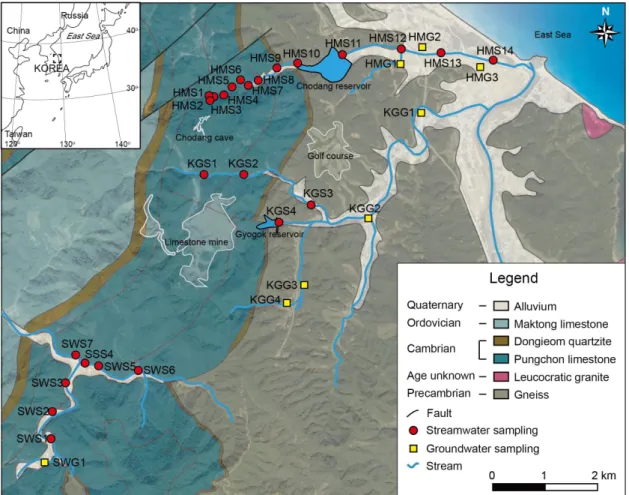 Fig. 1. Location and simplified geological map of the study area with water sampling locations.