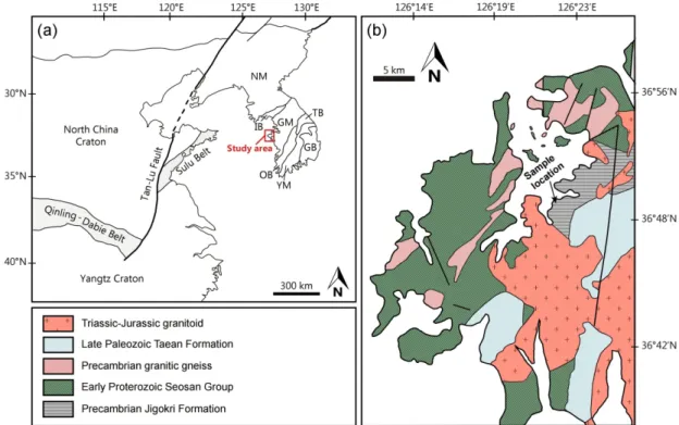 Fig. 1. (a) Tectonic province map of the Korean Peninsula and eastern China, and (b) simplified geological map  of the study area with sample location (after Kim et al., 2019)