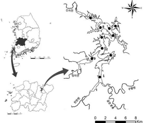 Fig. 1. Areal map of Yongdam reservoir and locations of sampling sites.