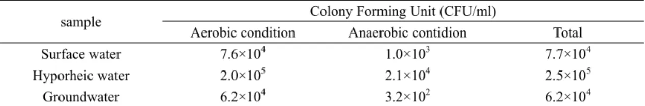 Table 1. Counting results of culturable bacteria from surface water, hyporeic water and groundwater.