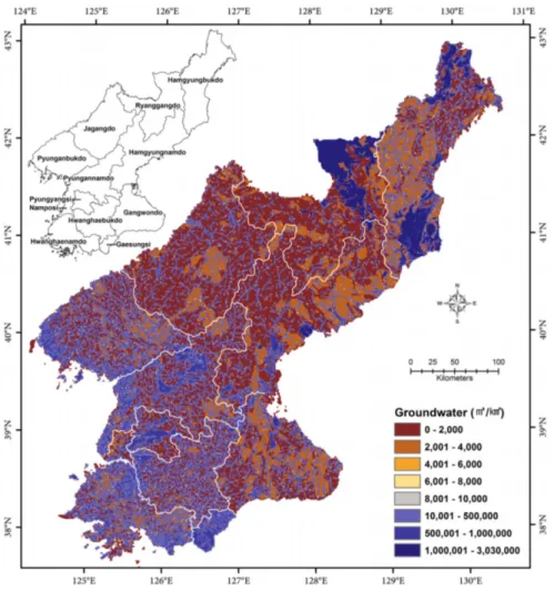 Fig. 7. Map for the estimated available amount of groundwater in N. Korea.
