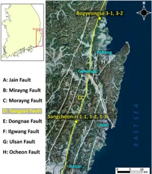 Fig. 1. Location map of sampling sites from which fault  gouges were collected. The white lines indicate the  Yangsan fault systems