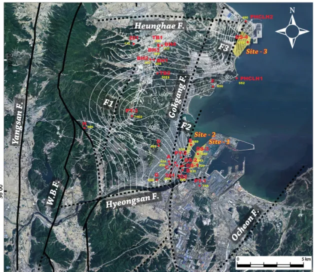 Fig. 5. Depth (yellow numbers) distribution map of the basement in the U-block of the Pohang Basin, determined  using 26 deep drilling boreholes, shows major faults and three potential CO 2  storage sites (yellowish areas)