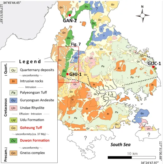 Fig. 1. Geologic map of the Goheung area. Red circles indicate the sampling locations (modified from Yun and  Hwang, 1988; Cho, 2000; Kim et al., 2015).