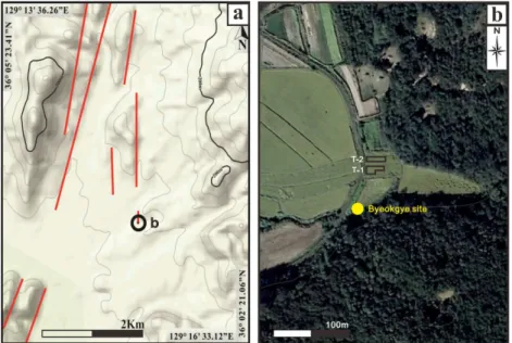 Fig. 2. (a) Lineament distribution around the study site (marked in a black circle). Main trend of the lineament is  NS~NNE-S~SSW direction