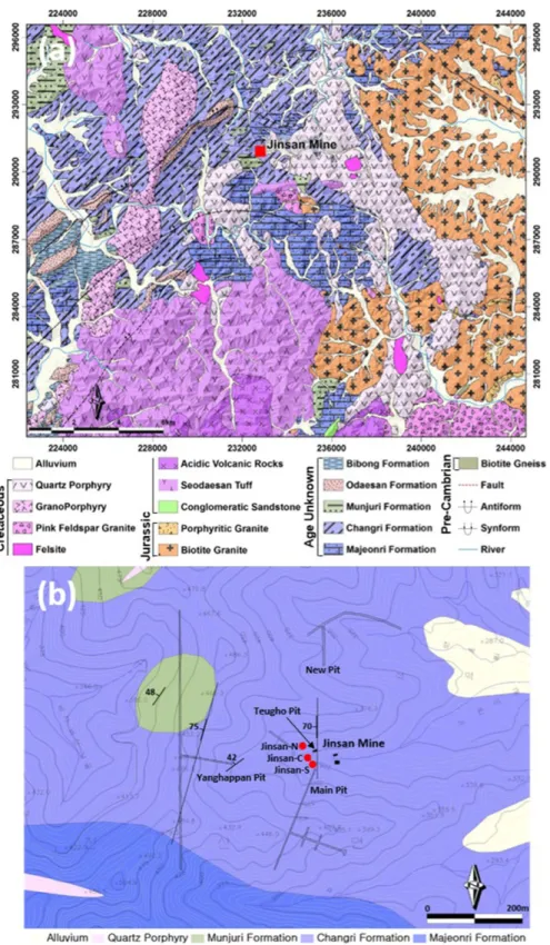 Fig. 1. Geological map of the study area. Location and geological map in vicinity of the study area (a) (modified from Hong and Choi, 1978) and around the Jinsan Mine (b)