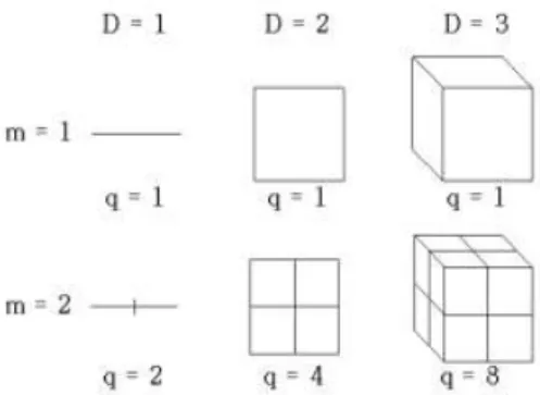 Fig. 3 Schematics of dimension 이로부터 축소율 r(= 1/m)과 유사도형의 수 q과 차원 D와 의 관계는 식 (1)로 쓸 수 있다