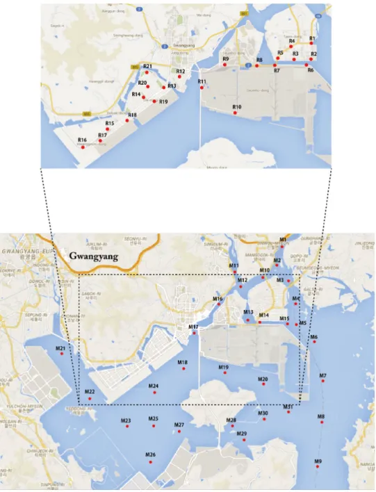 Fig. 1. Map of sampling sites for road-deposited sediments (RDS; upper) and marine sediments (lower) from Gwangyang Bay.