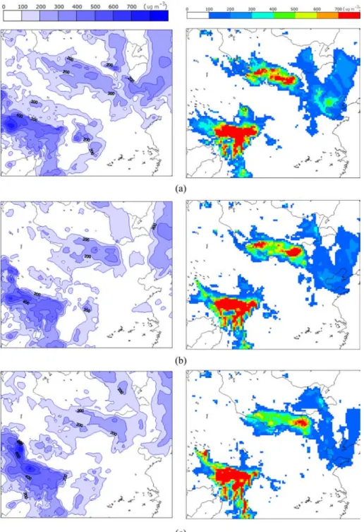 Fig. 16. The spatial distribution of PM 10  concentrations predicted by regression equation (left) and WRF-Chem simulation (right) at (a) 0000 LST on 19 March 2011, (b) 0300 LST on 19 March 2011, (c) 0600 LST on 19 March 2011, and (d) 0900 LST on 19 March 