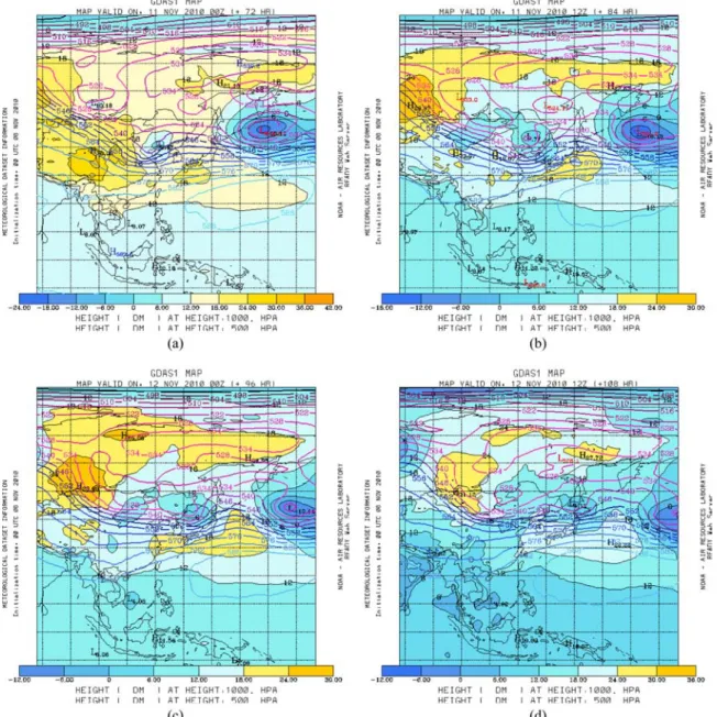 Fig. 2. The spatial distribution in geopotential height (m, ×10) between 500 hPa surface (lines) and 1000 hPa surface (filled con- con-tours) at (a) 0000 LST on 11 November 2010, (b) 1200 LST on 11 November 2010, (c) 0000 LST on 12 November 2010, and (d) 1