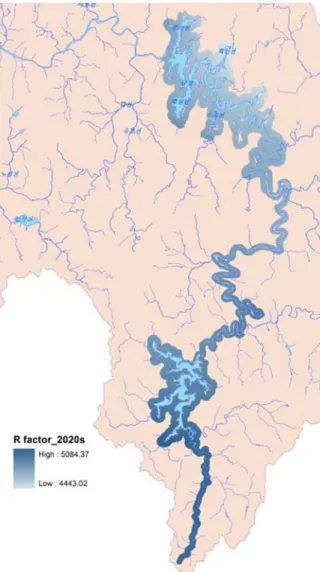 Fig. 2. The estimated R factor (MJ·mm / ha·yr·hr) of 2040 yrs in the buffer zone of Guem river.
