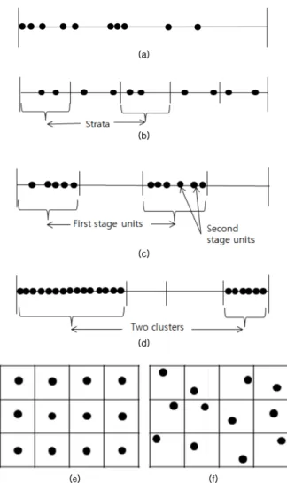Fig. 1. Graphical Representation of Sampling Planning: (a) Simple random sampling; (b) Stratified random sampling; (c) Two-stage sampling; (d) Cluster sampling; (e) Systematic grid sampling; (f) Random sampling with blocks (after Zirschky and Gilbert, 1984