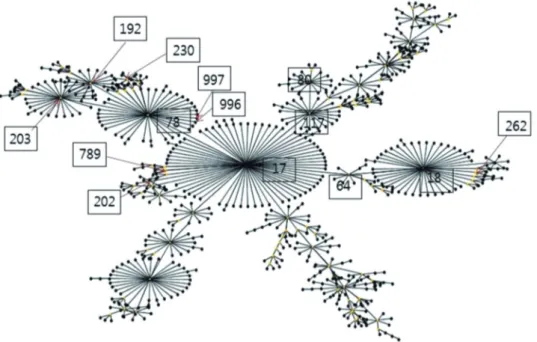 Fig. 2. Population snapshot by eBURST analysis (http://eburst.mlst.net) showing clusters of linked and unlinked sequence types (STs)  identified in this study