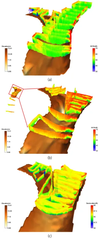 Fig. 8. Three-dimensional distribution of corrected acoustical back- back-scatter as a surrogate of suspended sediment concentration for various flow regimes at the confluence of Nam and Nakdong river:  (a)  processed  by  ADCP  measurements  collected  at