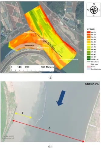 Fig. 5. Comparative analysis in terms of visual inspection between  ADCP backscatter near the water surface and UAV-based  aerial mixing pattern monitored in the downstream vicinity  of the confluence at a concurrent day of April 28: (a)derived  spatial ma