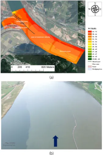 Fig. 7. Comparative analysis in terms of visual inspection between  ADCP backscatter near the water surface, UAV-based aerial  mixing pattern, and actual suspended sediment distribution  monitored in the downstream vicinity of the confluence at a  concurre
