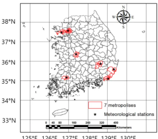 Fig. 1. Location map of the 7 metropolises under study