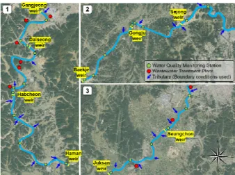Fig. 1. Study area and important locations (1: Nakdong River, 2: