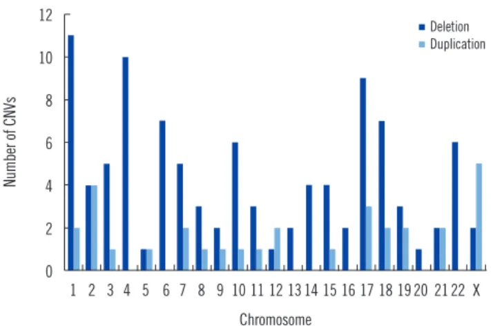 Fig. 1. Chromosomal distribution of pathogenic CNVs identified in  the present study.