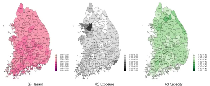 Fig. 3. Spatial distribution of hazard, exposure, and capacity for the present