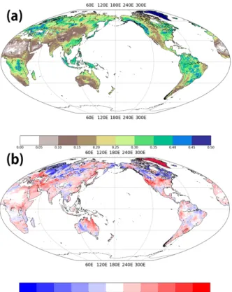 Fig. 7. Volumetric soil moisture (m 3 m -3 ) of (a) EXP3 in the first layer  and (b) its difference with GLDAS at 2018010100Z