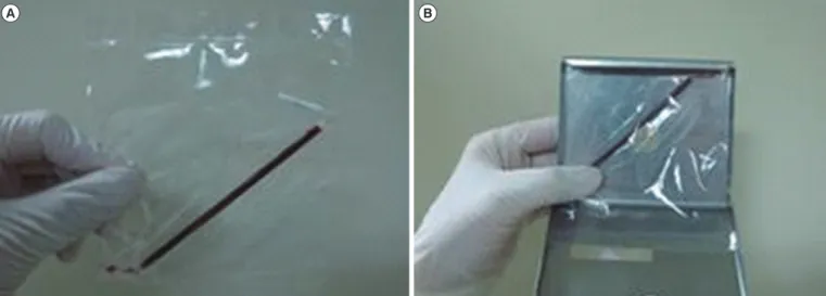Fig. 1. Capillary preparation for the quality control program. (A) An overwrapped capillary containing 300–400 µL of cord blood sealed at  both ends