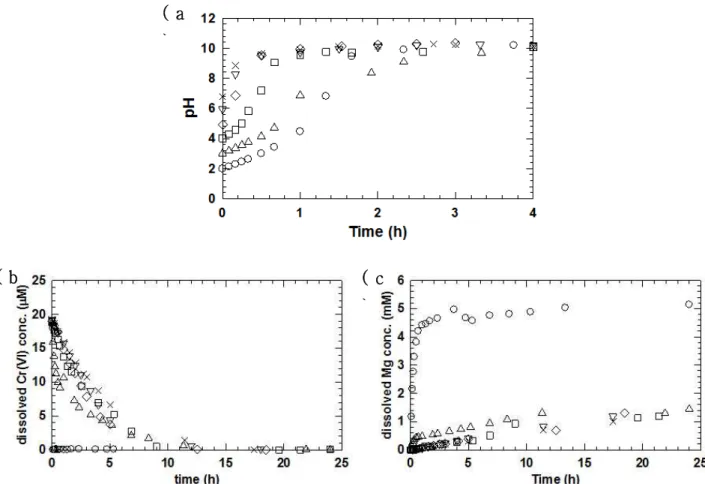 Fig. 1. Changes in pH (a), dissolved Cr(VI) (b) and Mg (c) concentrations during Cr(VI) reduction by ZVMg at varying initial pH