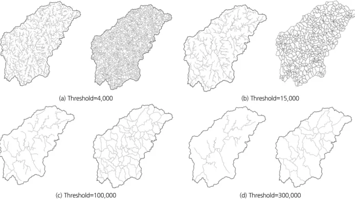 Fig. 11. Delineated river network and catchment within Seom River basin, where different threshold to define initial location of flowlines