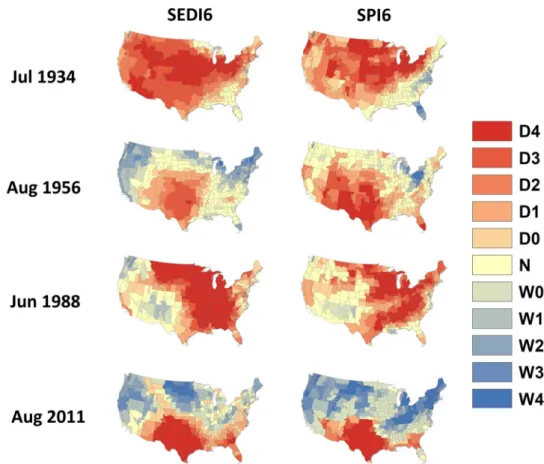 Fig. 4. Maps of SEDI6 and SPI6 for major drought months in the CONUS. The thresholds for classifying drought conditions (D4 to D0) were –2.0, -1.6, -1.3, -0.8, and -0.5