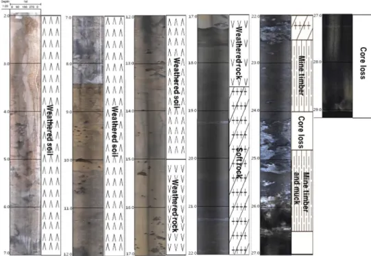Fig. 9. Comparison of optical borehole images (left) and borehole lithology (right) at BH-1.