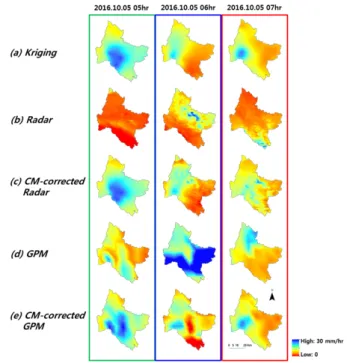 Fig. 6. Comparison of spatial distributions of Radar, GPM, and CM  results during the CHABA period (2016.10.05