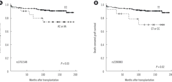 Fig. 2. Kaplan-Meier survival analysis of recurrence of original glo- glo-merular disease post kidney transplantation according to Foxp3  poly-morphism rs3761548.