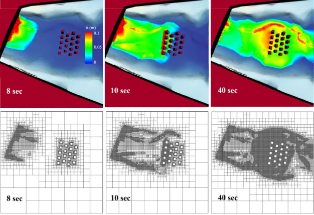Fig. 6. Simulated water depth and mesh in urban flood experiment simulation