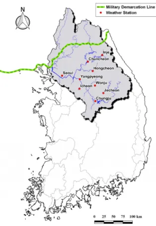 Fig. 2. Location of Han river basin and weather stations used in this  study