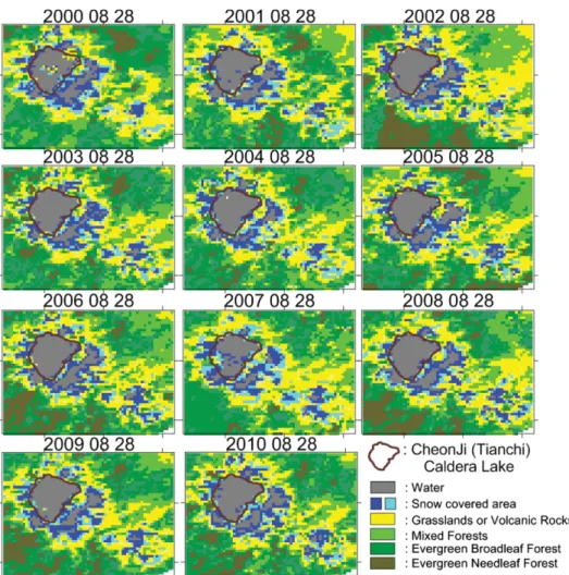 Fig. 4. MODIS images showing the variation of snow covered area around the Baegdusan volcanic area from 2000(August) to 2010(August)
