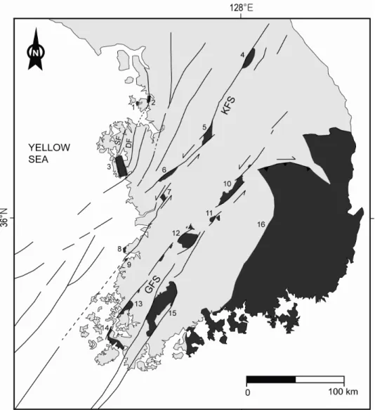 Fig. 1. Distribution of Cretaceous faults and basins in the Korean Peninsula (modified after Chun and Chough, 1992;