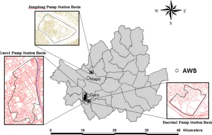 Fig. 8. Locations of three pumping stations and two nearby AWSs