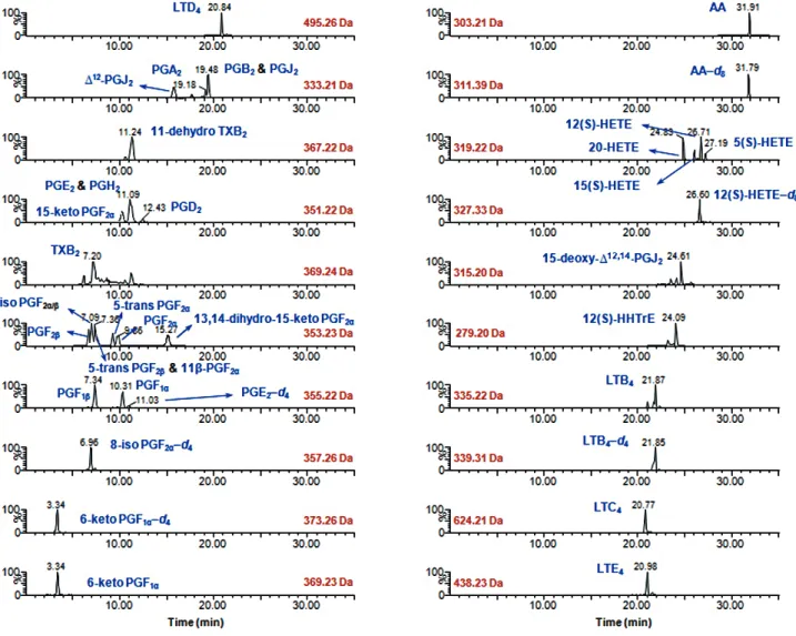 Fig. 1. Representative LC-SIM/MS chromatograms for the 32 eicosanoids analyzed in rabbit liver S9 fractions.