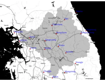 Fig. 2. The map showing Han-river watershed along with weather  stations (red filled circle)