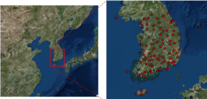 Fig. 4. Study area (South Korea) and the locations of the 90 ground  gauges
