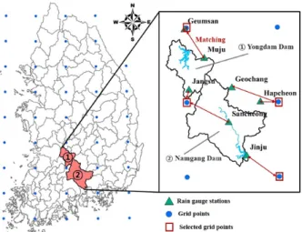 Fig. 3. Location of study areas (watersheds) and selected grid points (circular points with square markers) of GloSea5 for bias-  correction with rain gauge stations