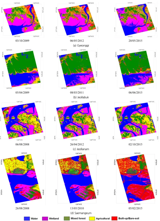 Fig. 3. Time series of LULC maps for four study areas