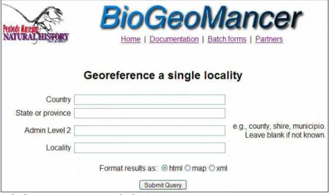 Fig. 2. 단일 지역 BioGeoMancer 입력 폼  http://biogeomancer.org   