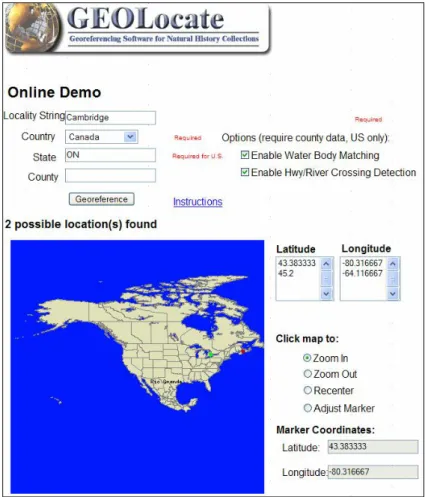 Fig. 7. GEOLocate 의 온라인 데모를 이용해 Ontario 주에 있는 Cambridge 의 지리적인  좌표를 찾는 예시. 