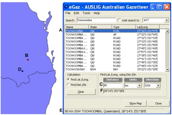 Fig. 8. Toowoomba 에서 남남서 방향으로 80km 떨어진 지점의 위도와 경도를 보여주는  eGaz 의 표본 출력 화면. A. 안내 창에서 Toowoomba 의 정보