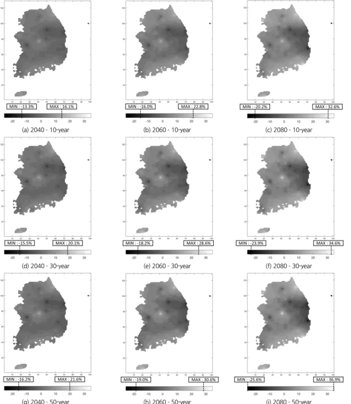 Fig. 9. Spatial distribution of the rate of increase of probability precipitation with 1-hr duration