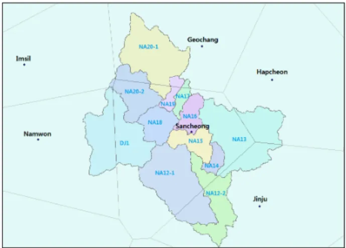 Fig. 2. Nam River basin &amp; separated sub-basins as well as Thiessen  polygon. Note that each small basin was divided by polygons  with basin number
