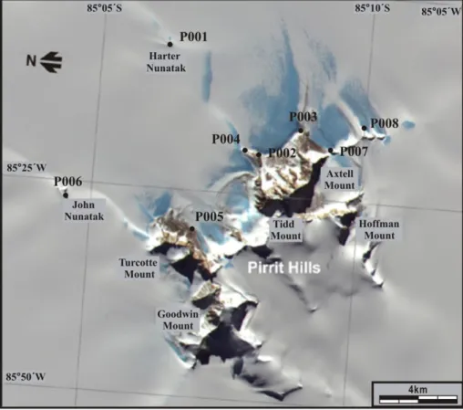 Fig. 2. Satellite image of the Pirrit  Hills and sampling locations.