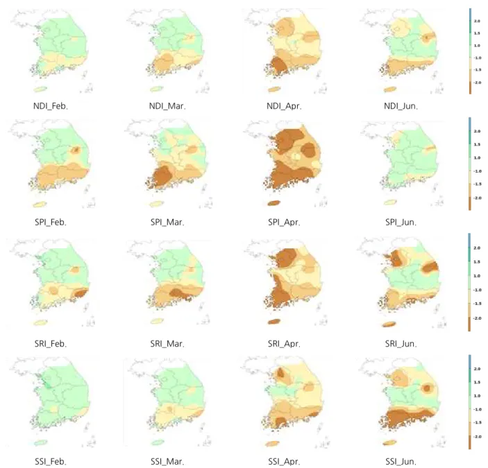 Fig. 6. Spatial analysis of SPI, SRI, SSI and NDI (2000.02∼2000.06)